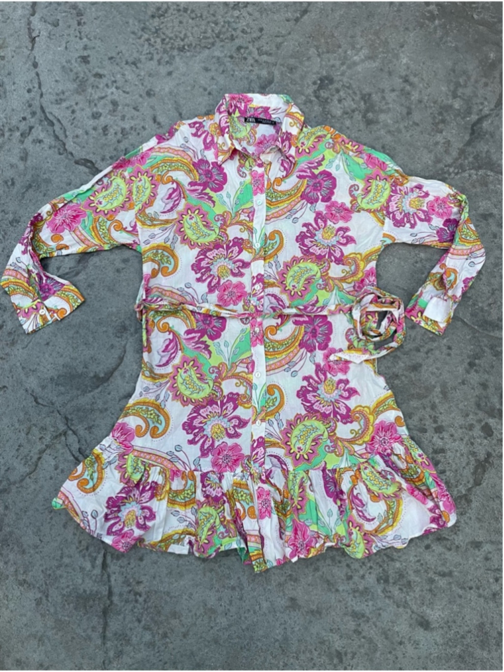 Zara Floral Print Belted Shirt Dress Pink, Green, Yellow bloggers favourite - Picture 7 of 9